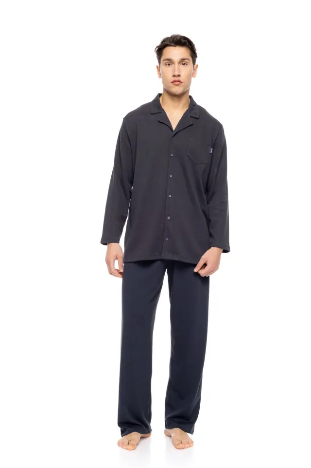 W-M812 - Grey Charcoal - PYJAMA BUTTONED JAQUARD SOFT STRETCH