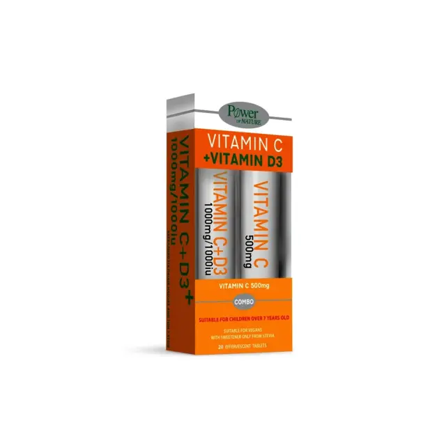 POWER HEALTH Vitamin C 1000mg με Γλυκαντικό από Στέβια & D3 1000iu 20 Αναβράζοντα Δισκία + Δώρο Vitamin C 500mg 20 Αναβράζοντα Δισκία