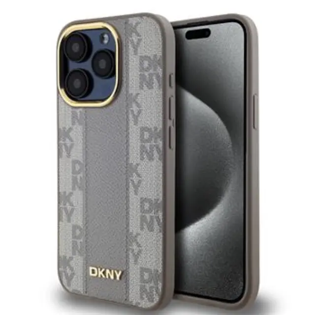 DKNY PU Leather Checkered Pattern Magsafe Case for iPhone 15 Pro Beige