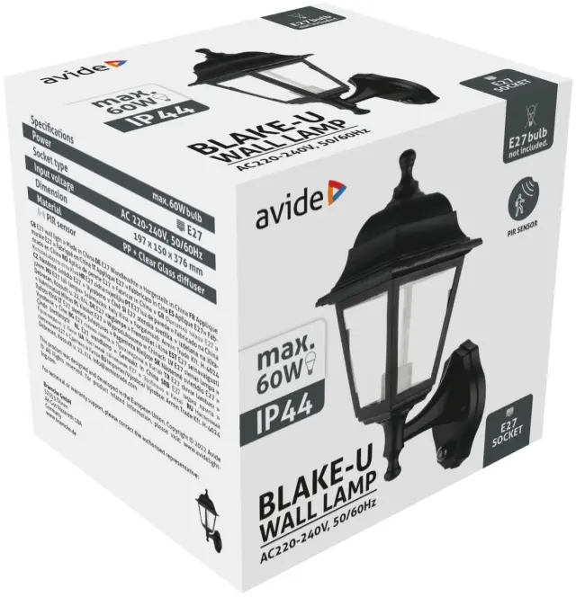 Avide Εξωτερικό Φωτιστικό Τοίχου Blake-U 1xE27 IP44 Μαύρο Φωτοκύτταρο 15.001.1640 2