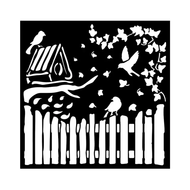 Thick Stencil Stamperia 18x18cm, House of Roses, Fence and birds