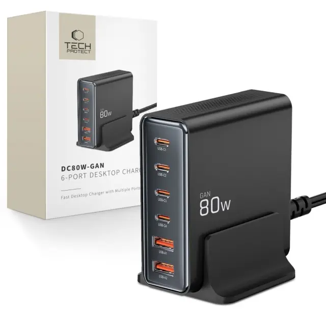 TECH-PROTECT DC80W-GAN 6-PORT DESKTOP CHARGER PD 80W / QC3.0 BLACK