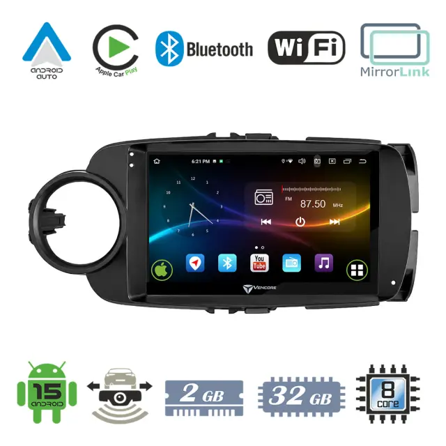 VenCore Οθόνη Multimedia Android 15 9" 9109A MTK6762 Octa-Core 2GB/32GB IPS με Πρόσοψη, CarPlay, Android Auto και Υποστήριξη Κάμερας Οπισθοπορείας AHD για Toyota Yaris 2012-2015 – Μαύρη (3236-10007-0635B)