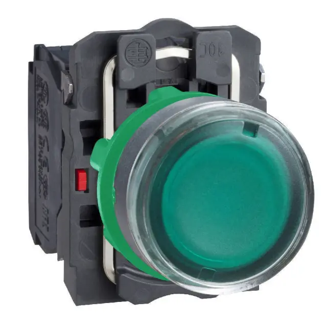 Harmony XB5, Illuminated push button, plastic, flush, green, Ø22, spring return, 24 V AC/DC, 1 NO + 1 NC