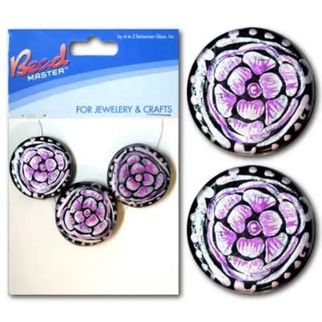 Χάντρα Γυάλινη Βαμμένη στο Χέρι - Black/Pink Coin 25mm - 3τεμ