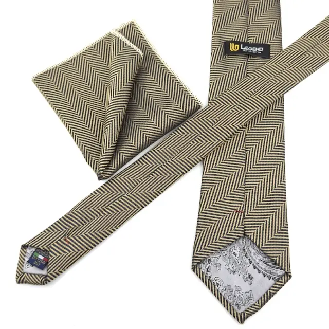 Μπεζ Χρυσή Γραβάτα Ψαροκόκαλο Microfiber Σετ με Μαντήλι 3