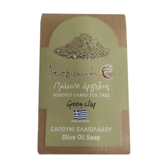 Παραδοσιακό Σαπούνι Ελαιολάδου με Πράσινη Άργιλο (Αιθέριο Έλαιο Tea Tree), Λεσβιακή Γη, 100γρ