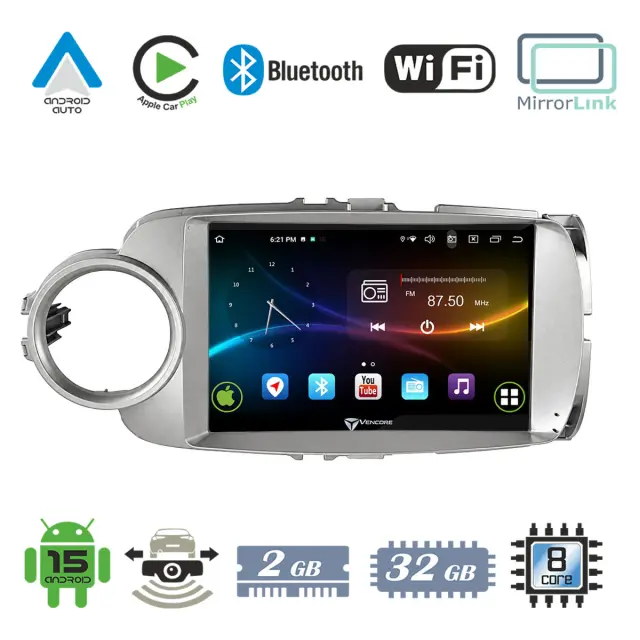 VenCore Οθόνη Multimedia Android 15 9" 9109A MTK6762 Octa-Core 2GB/32GB IPS με Πρόσοψη, CarPlay, Android Auto και Υποστήριξη Κάμερας Οπισθοπορείας AHD για Toyota Yaris 2012-2015 – Ασημί (3236-10007-0635S)