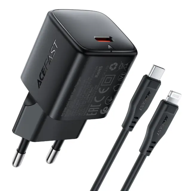 Φορτιστής Ταξιδίου Acefast A118 Mini Fast Charging 1xUSB-C PD30W QC3.0 GaN με USB-C σε Lightning Καλώδιο 1.2m Μαύρος
