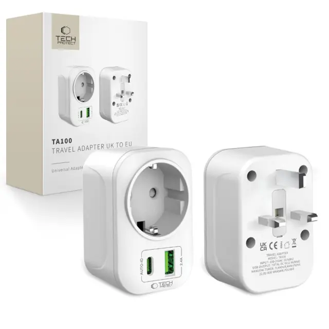 Tech-protect Ta100 Travel Adapter Uk To Eu White