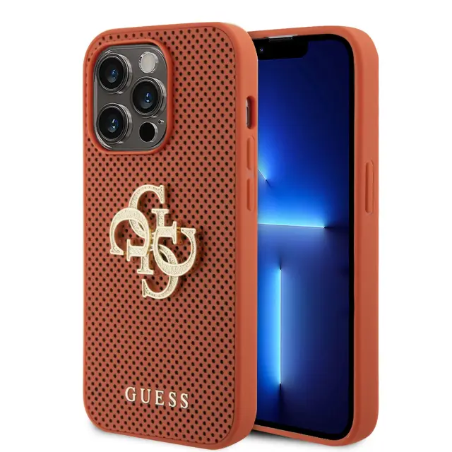 Guess Perforated PU Leather Case with 4G Glitter for iPhone 15 Pro Max -Orange