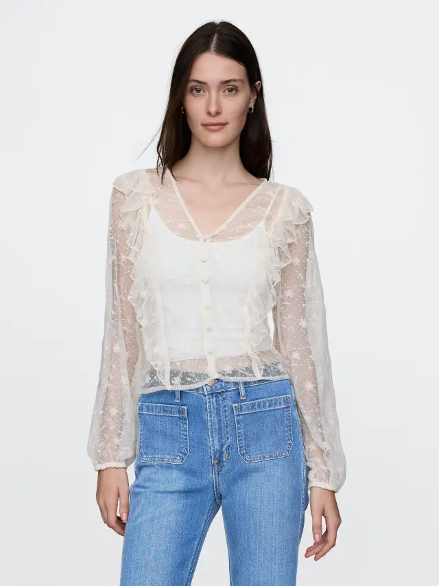 Ανακυκλωμένο Lace Ruffle Τοπ Cream beige - XS
