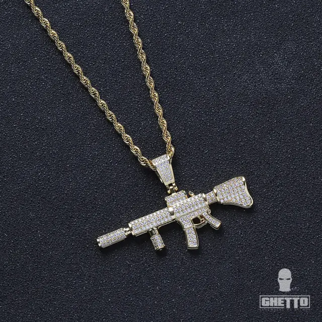 Ghetto Gun Pendant Necklace Bling Iced Diamond Gold