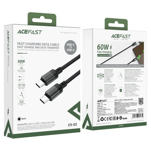 Καλώδιο Acefast C9-03 Μεταλλικό USB-C σε USB-C 60W 20V/3A Braided Μαύρο 1.2m. 2