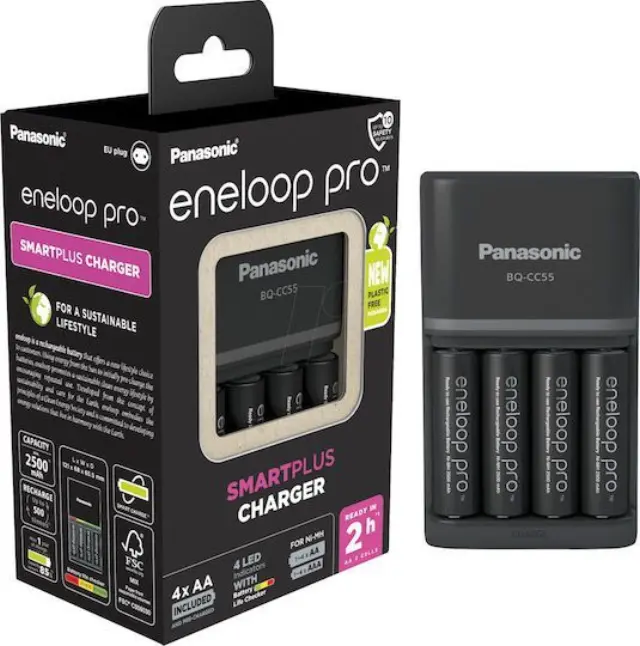Φορτιστής Μπαταριών Panasonic Eneloop Pro BQ-CC55E Smart & Quick για AA/AAA + 4 Μπαταρίες size AA BK-3HCDE/2BE 2500 mAh Ni-MH 1.2V Eco Pack