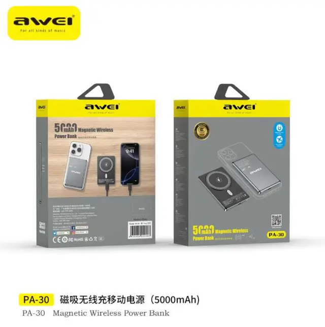 Μαγνητικό Powerbank ασύρματης φόρτισης - PA-30 - 5.000mah - AWEI - 022187 3
