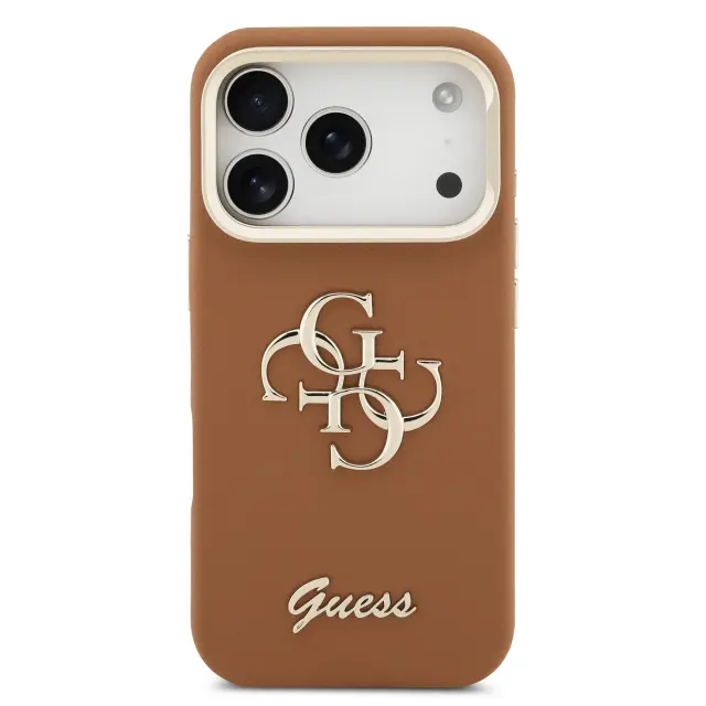 Guess PU Grained 4G Logo Stand Camera Frame Case for iPhone 17 Pro Brown 3