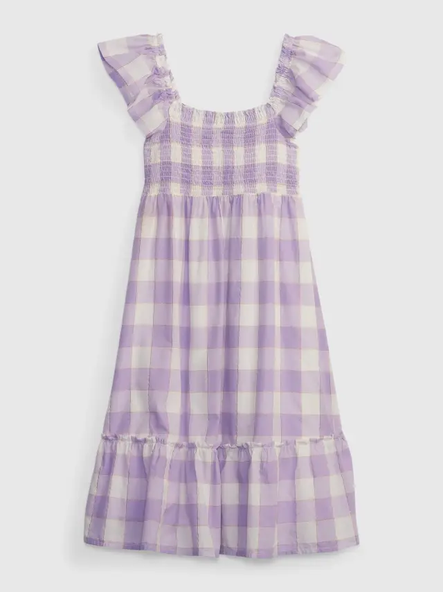 Μωβ Παιδικό Shiny Smocked Midi Φόρεμα purple gingham - XS