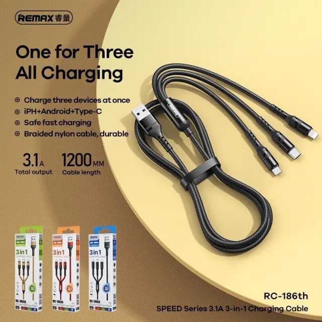 Remax RC-186th Braided USB to Lightning / Type-C / micro USB Cable 3.1A Μαύρο 1.2m 3