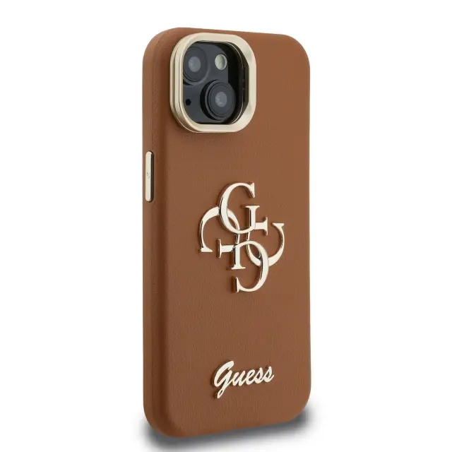 Guess PU Grained 4G Logo Stand Camera Frame Case for iPhone 14 Brown 2