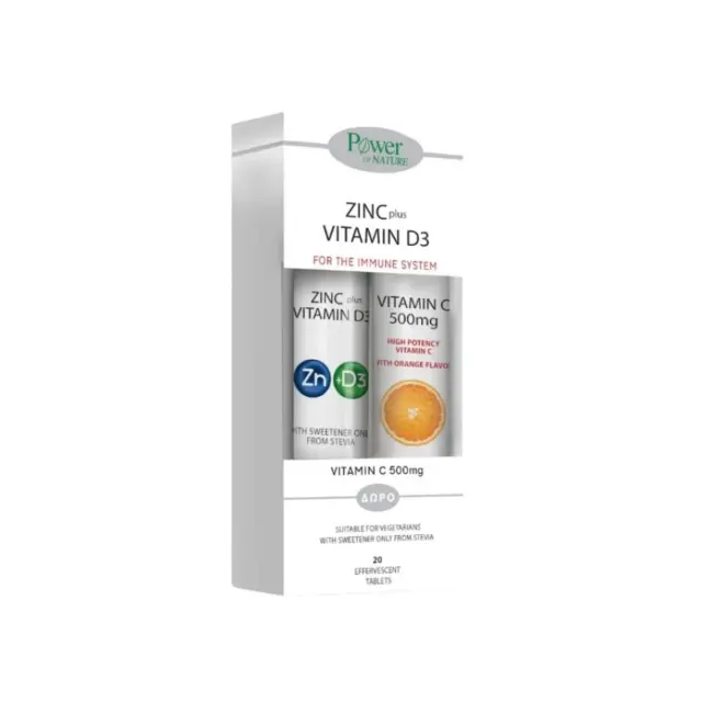 Power Of Nature Zinc Plus Vitamin D3 20 αναβράζοντα δισκία & Vitamin C 500mg 20 αναβράζοντα δισκία