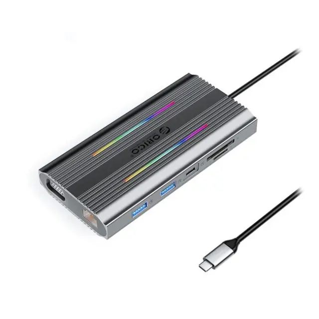 Orico Docking Station XCR 12in1 RGB 3x USB-A USB-C PD 100W HDMI 4K VGA RJ45 Gigabit SD / microSD Card Reader Gray
