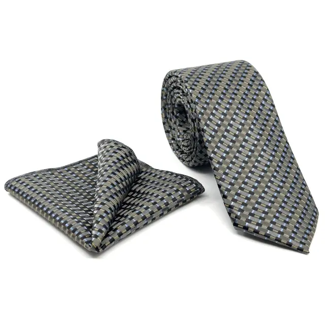 Γκρι Γραβάτα Microfiber με Μικροσχέδιο Σετ με Μαντηλάκι