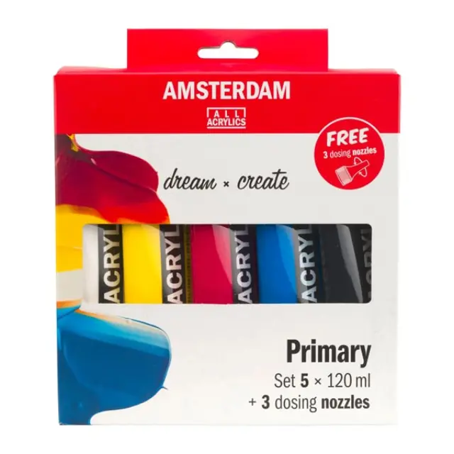 Σετ Ακρυλικά Talens Amsterdam, Primary 5 Χρώματα x 120ml + 3 Μύτες