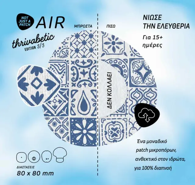 Not Just a Patch Air Thrivabetic Αδιάβροχο Αυτοκόλλητο για Αισθητήρες Freestyle Libre 2 Plus, Medtronic Guardian, Dexcom G7, Dexcom ONE+, Sibionics GS1 & Medtrum TouchCare Nano 10τμχ - Mediterranean Mosaic Blue 2