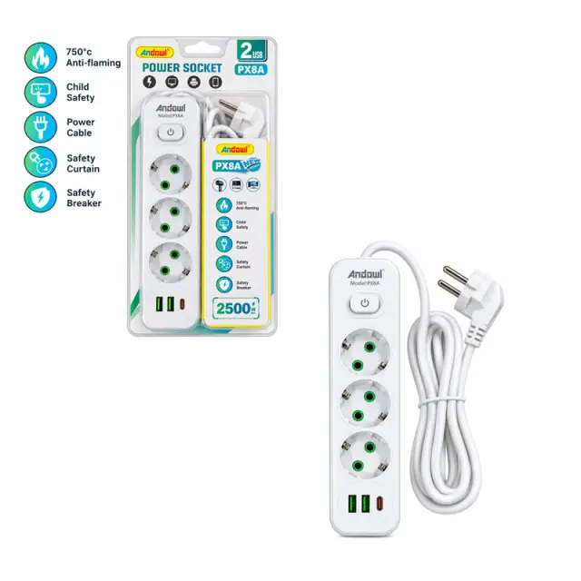 Andowl Πολύπριζο 3 Θέσεων με 2 USB, 1 Type-C, Διακόπτη ON/OFF και Καλώδιο 2m 2500W PX8A - 3 Socket Power Socket 0751302