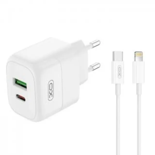 Universal φορτιστής με 2 εξόδους 1xUSB-A & 1xUSB-C και αποσπώμενο καλώδιο Lightning, PD20 & QC18W σε λευκό χρώμα 3