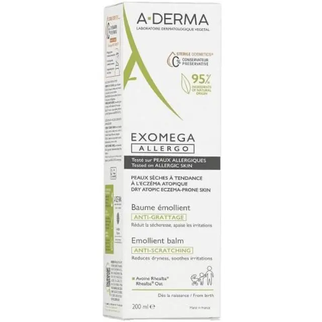 A-Derma Exomega Allergo Emollient Αποστειρωμένο Μαλακτικό Βάλσαμο κατά του Αισθήματος Κνησμού για Ξηρές Επιδερμίδες, 200ml