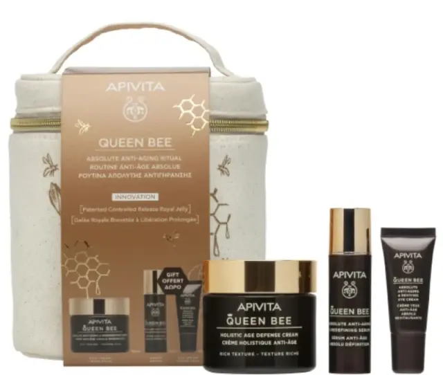 Apivita Queen Bee-Ορός Ολιστικής Αντιγήρανσης με Βασιλικό Πολτό, 30ml & Queen Bee Κρέμα Ημέρας Ελαφριάς Υφής Απόλυτης Αντιγήρανσης & Αναγέννησης με Βασιλικό Πολτό, 15ml & Eye Cream-Κρέμα Ματιών, 5ml