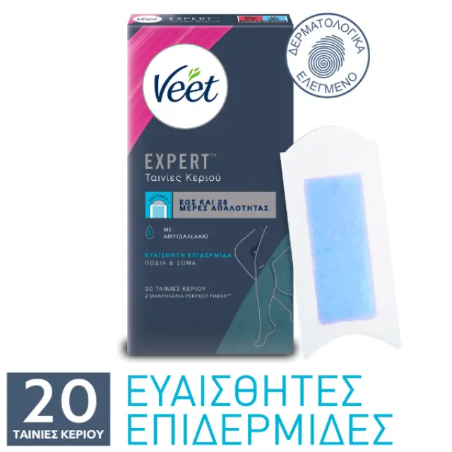 Veet | Expert Ταινίες Αποτρίχωσης με Κρύο Κερί για Σώμα & Πόδια για Ευαίσθητες Επιδερμίδες | 20τμχ