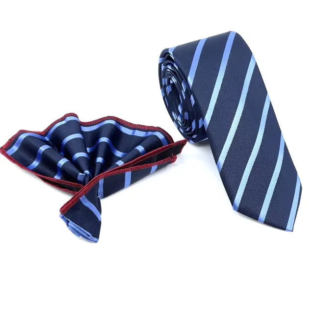 Μπλε Ριγέ Γραβάτα Microfiber Σετ με Μαντήλι Σχέδιο 7705 2