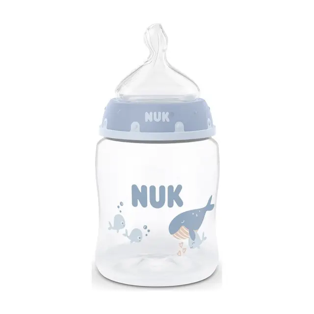 NUK First Choice Πλαστικό Μπιμπερό με Θηλή Σιλικόνης Μέγεθος S και Δείκτη Ελέγχου Θερμοκρασίας για 0+ μηνών Φάλαινα, 150ml