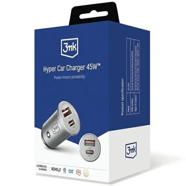 3mk® Φορτίστης Αυτοκινήτου Γρήγορης Φόρτισης με 1xUSB και 1xUSB-C 45W- Silver 3