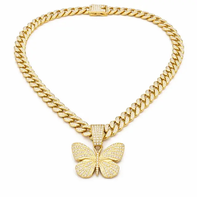 Ghetto Hip Hop Big Butterfly Pendant Necklace Rhinestone Cuban Link Chain