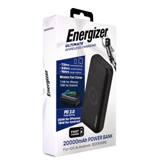 Power Bank Energizer QE20009PQ 20000mAh PD20W με 1xUSB-C 1xUSB-A Ασύρματη Φόρτιση 15W και LED Ένδειξη Μπαταρίας Μαύρο