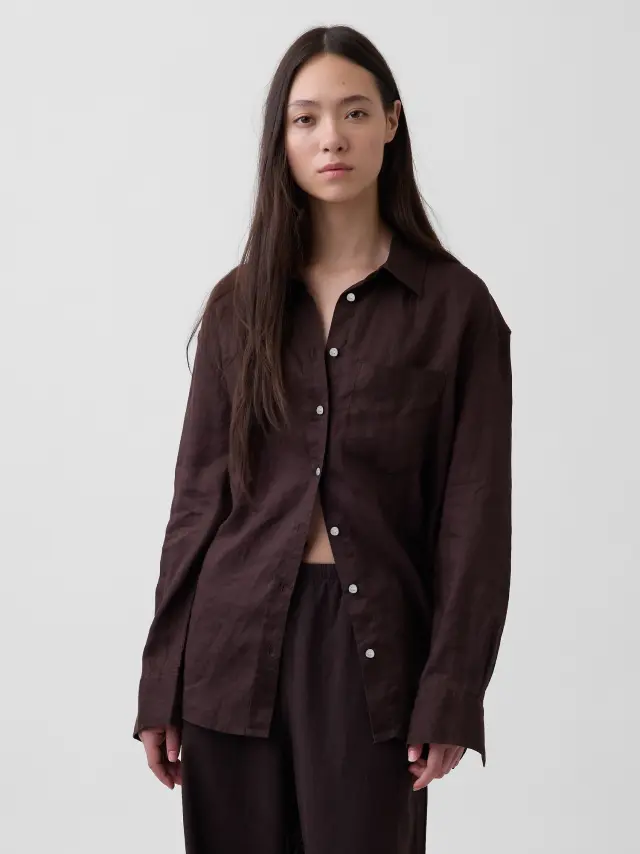 Γυναικείο Πουκάμισο Oversized απο 100% Λινό Ύφασμα Terra brown