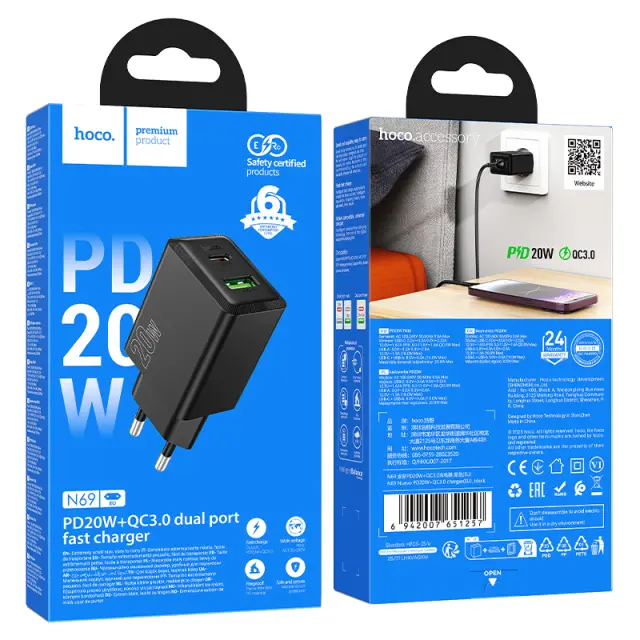 Φορτιστής Ταξιδίου Hoco N69 Nuevo PD20W QC3.0A 5V με 2 Εξόδους Φόρτισης 1xUSB-C και 1xUSB-A Μαύρος 2