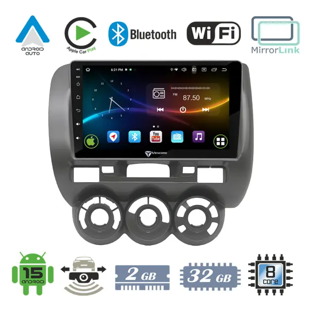 VenCore Οθόνη Multimedia Android 15 9" 9109A MTK6762 Octa-Core 2GB/32GB IPS με Πρόσοψη, CarPlay, Android Auto και Υποστήριξη Κάμερας Οπισθοπορείας AHD για Honda Jazz Manual A/C 2002-2008 – Γκρι (3236-10007-0589G)