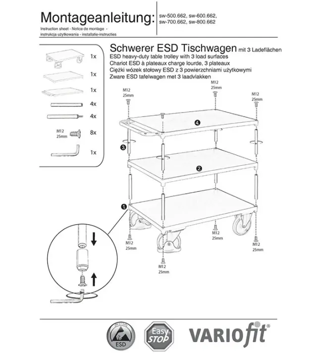 Variofit sw-500.662 Τρόλεϊ Μεταφοράς ESD 3 Επιπέδων για Φορτίο Βάρους ως 250kg 2