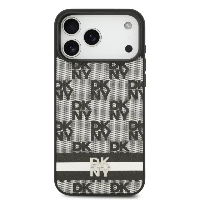 DKNY PU Leather Checkered Pattern and Stripe Case for iPhone 17 Pro Max Black 3