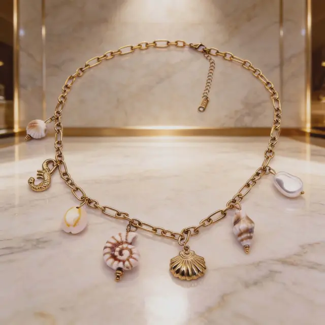 Ocean Treasure Shell Charm Necklace in Stainless Steel