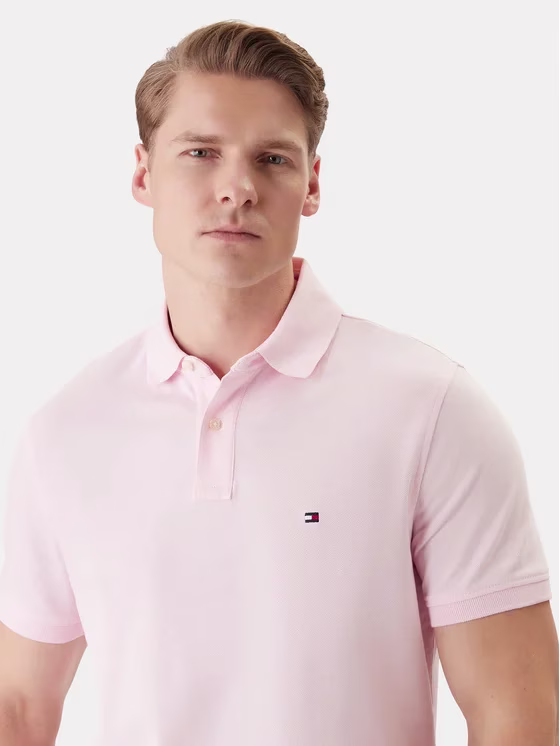 Tommy Hilfiger Ανδρική Κοντομάνικη Μπλούζα Polo Ροζ Regular Fit Ροζ