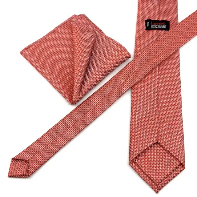 Γραβάτα Microfiber σε Κόκκινο Μοτίβο Σετ με Μαντηλάκι 3