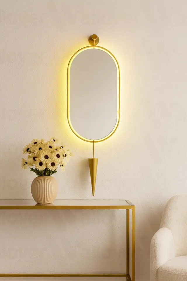 Stewehome Διακοσμητικός οβάλ καθρέφτης τοίχου με LED και μεταλλικό πλαίσιο Κίτρινο 30x80 cm 2