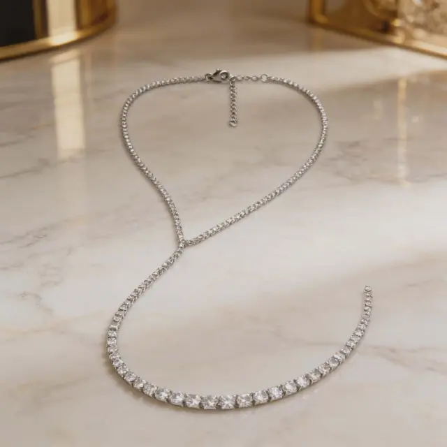 Y Necklace with Crystals Silver Stainless Steel 38+27cm (+7cm Extension)