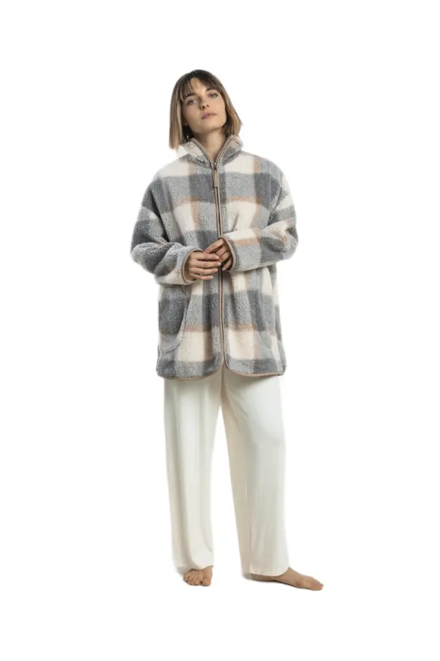 Admas γυναικεία μακριά καρό ζακέτα teddy fleece ADM-67413-226-1